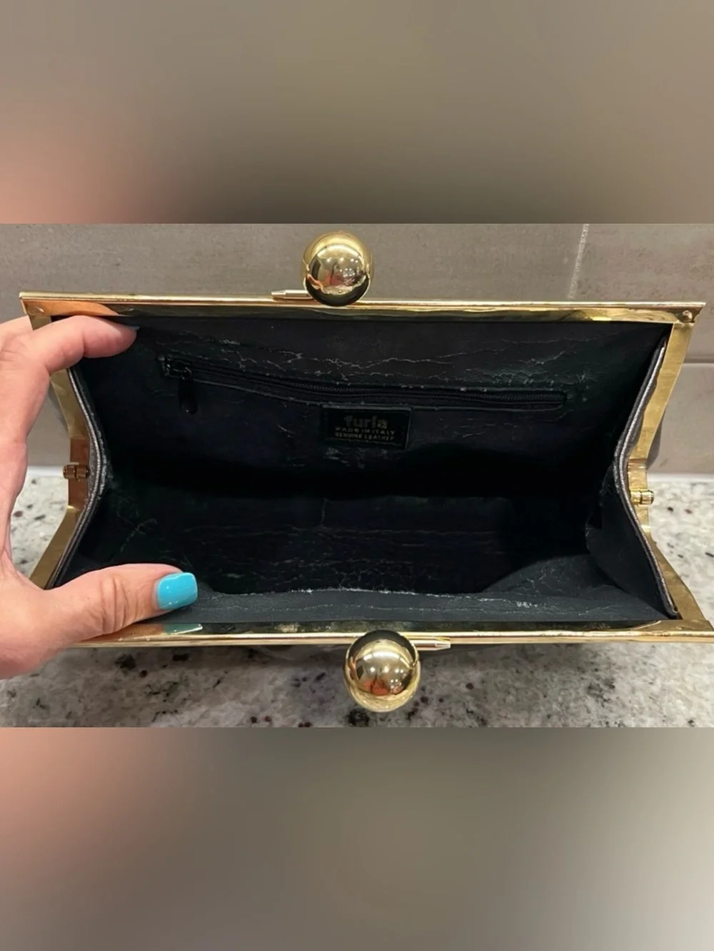 Furla Vintage Metallic Pewter Clutch with Gold Kisslock, Italian Calf Leather